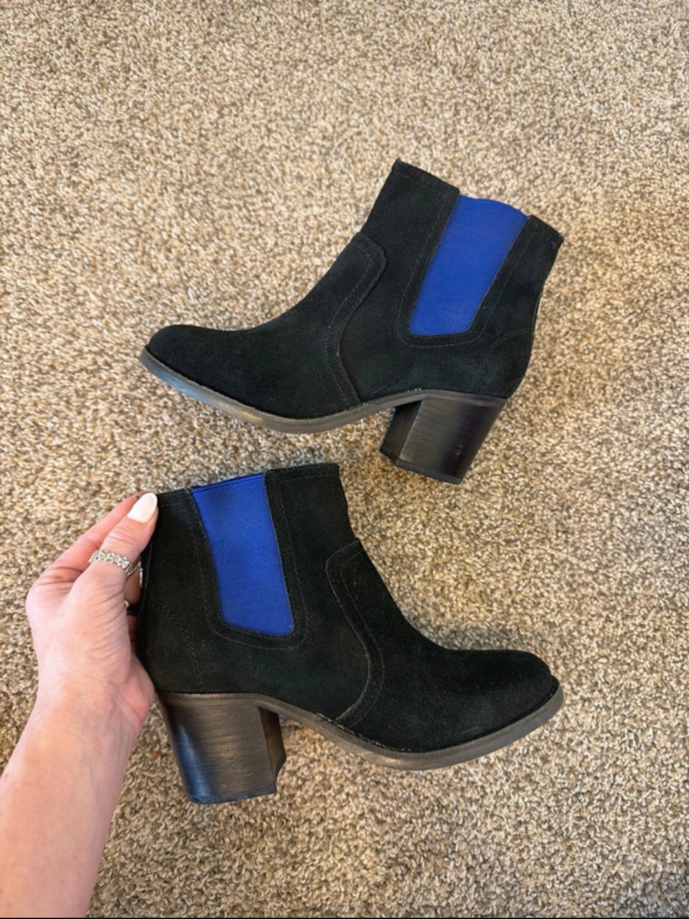 Sperry- Black Suede Ankle Boots with Blue Stretch Panels - Women’s Booties
